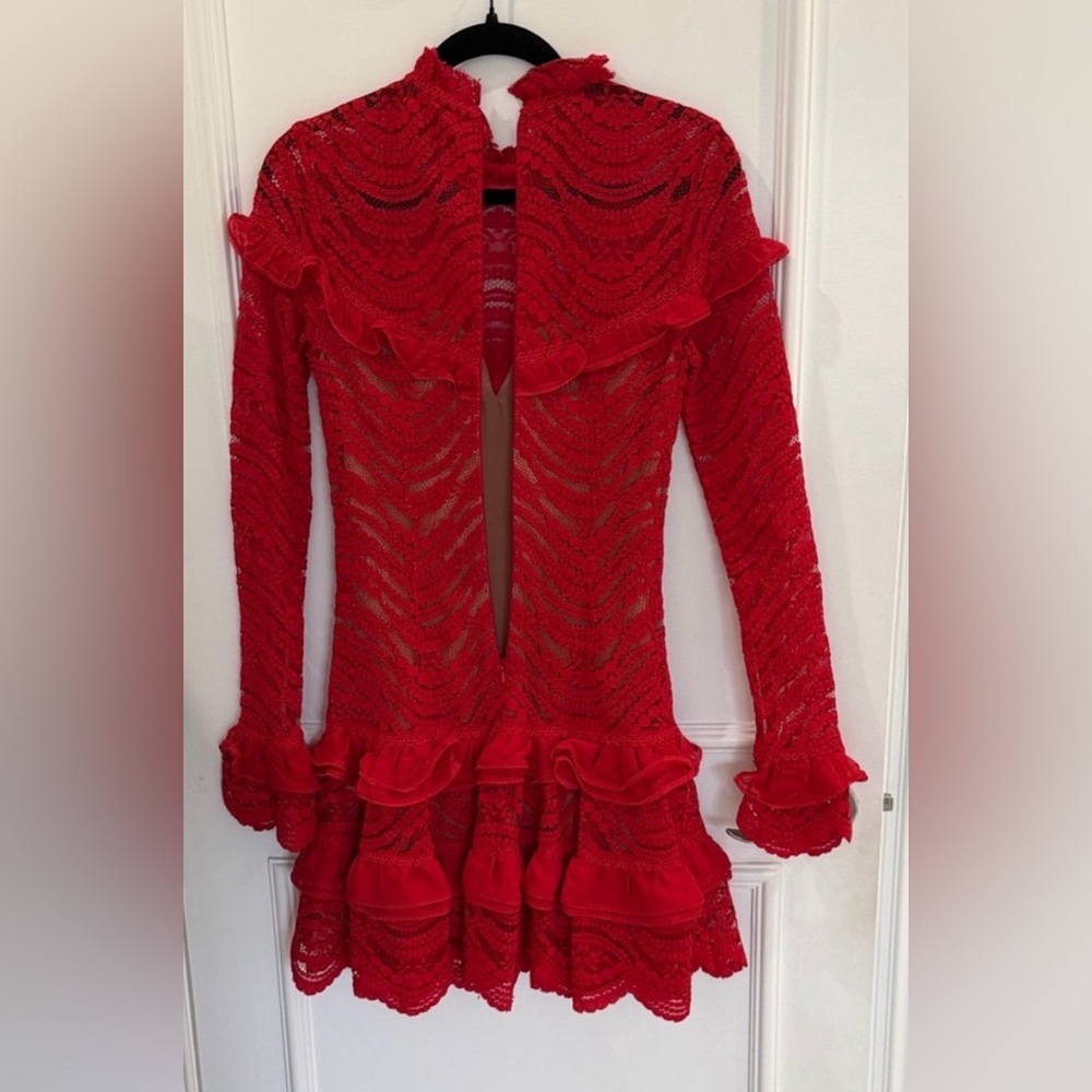 Jonathan Simkhai Red Lace Ruffle Mini Dress Long Sleeve Scallop Cocktail XS sz2 - Picture 15 of 15